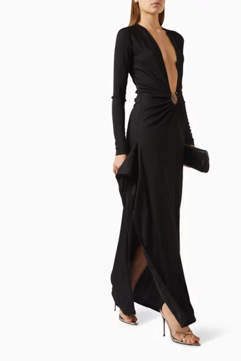 فستان طويل بكشكش وحلية من حجر معدني جيرسيه