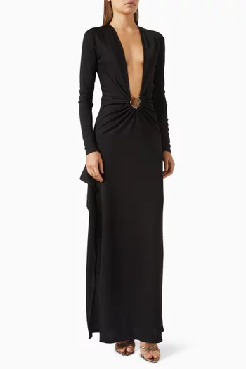 فستان طويل بكشكش وحلية من حجر معدني جيرسيه