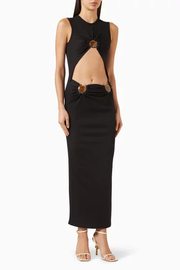 فستان طويل بلا أكمام بفتحات منفصلة وحلية من حجر معدني جيرسيه