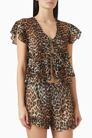 بلوزة بأربطة مزينة بنقشة جلد الفهد شيفون