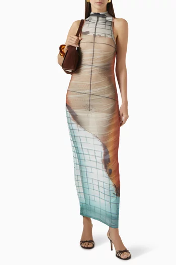 Fire-print High-neck Maxi Dress in Mesh
