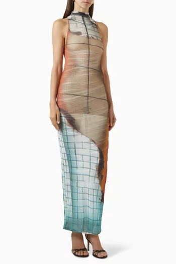 Fire-print High-neck Maxi Dress in Mesh