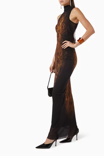 Wood-print Draped Maxi Dress in Mesh
