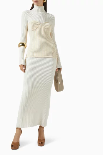 Bicolor Ribbed Corset Maxi Dress in Merino-wool