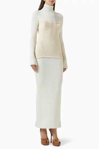 Bicolor Ribbed Corset Maxi Dress in Merino-wool