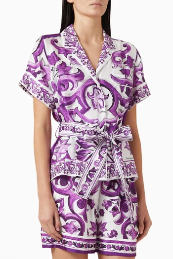 Majolica-print Belted Shirt in Silk Twill