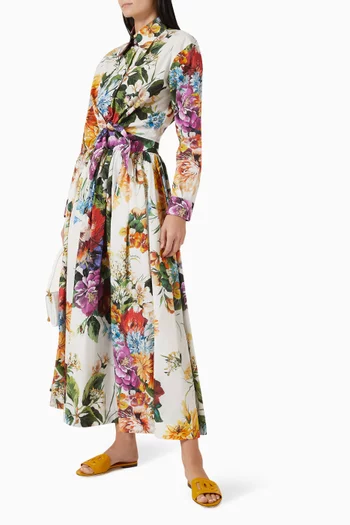 Flower-print Tie-front Shirt in Poplin