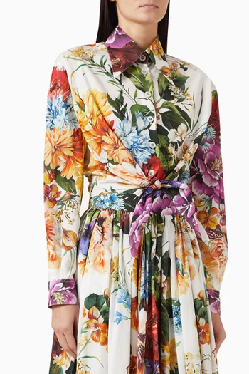 Flower-print Tie-front Shirt in Poplin