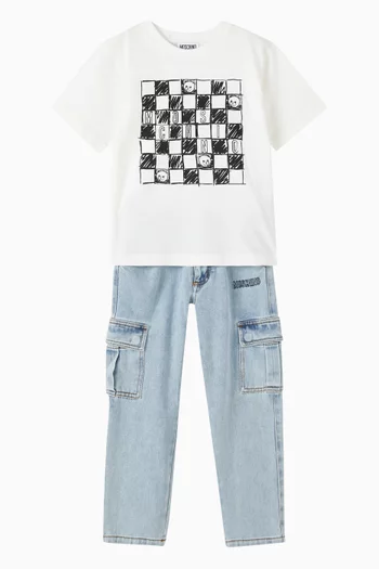 تي شيرت بطبعة شطرنج وشعار الماركة قطن