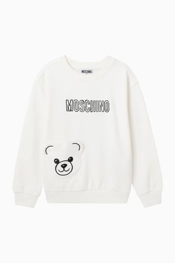 سويت شيرت قطن بطبعة دب وشعار الماركة