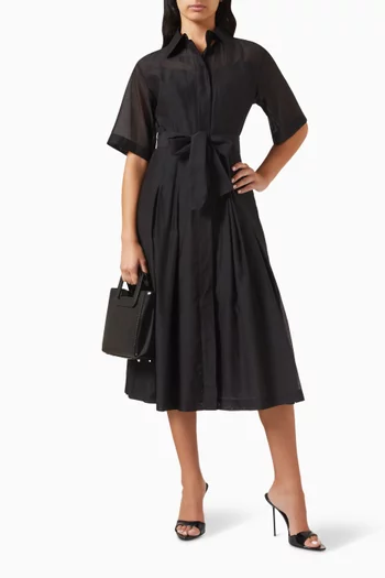 فستان فوجيا متوسط الطول بحزام حرير وقطن