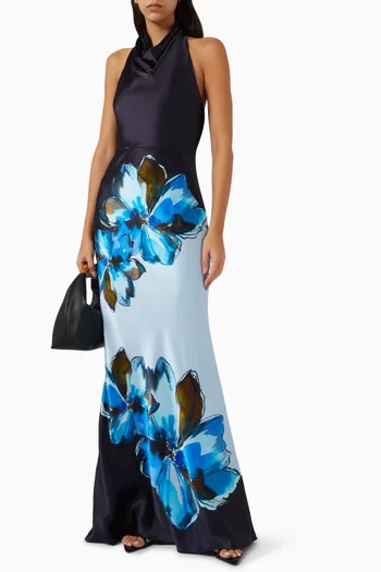 Cyran Printed Halterneck Dress in Silk Satin