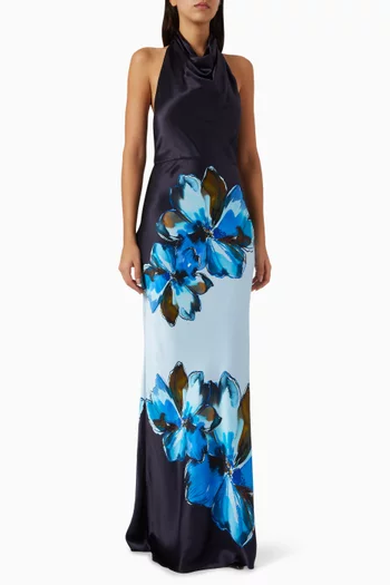 Cyran Printed Halterneck Dress in Silk Satin