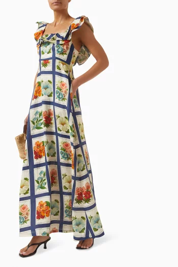 فستان غيا طويل مزين بنقشة كتان