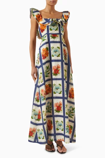 فستان غيا طويل مزين بنقشة كتان