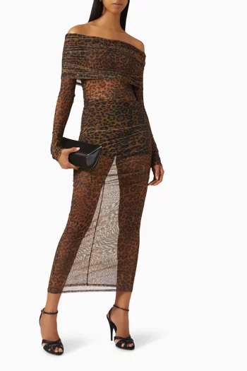 Printed Off-shoulder Midi Dress in Mesh