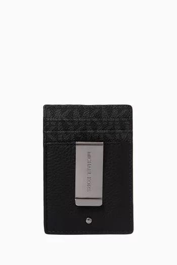 Money Clip Card Case in Leather & Logo Canvas