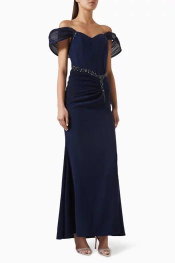 Embellished Off-shoulder Dress in Stretch-crepe