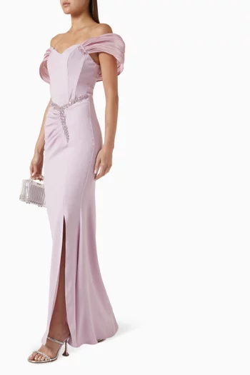 Embellished Off-shoulder Dress in Stretch-crepe