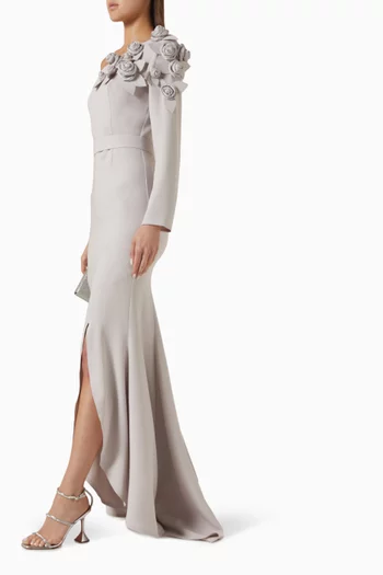 3D Floral One-shoulder Dress in Crepe
