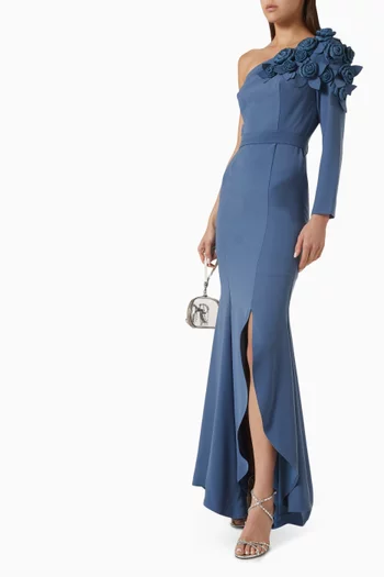 3D Floral One-shoulder Dress in Crepe