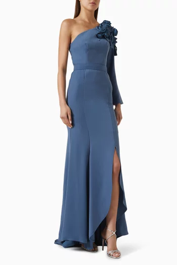 3D Floral One-shoulder Dress in Crepe