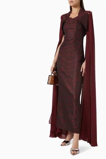 Embellished Cape & Dress Set in Jacquard & Chiffon