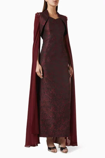 Embellished Cape & Dress Set in Jacquard & Chiffon