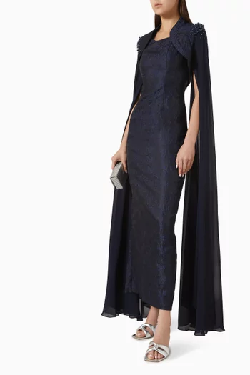 Embellished Cape & Dress Set in Jacquard & Chiffon