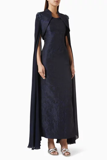Embellished Cape & Dress Set in Jacquard & Chiffon