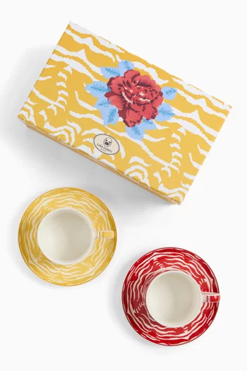 Indian Tiger Tea Cup & Saucer in Porcelain, Set of 2