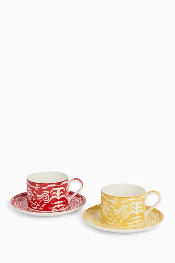 Indian Tiger Tea Cup & Saucer in Porcelain, Set of 2