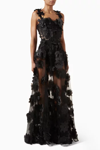 Rosalie Floral-appliqué Dress in Tulle