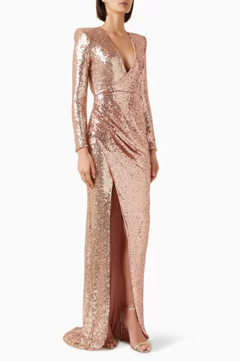 Perfume Sequin-embellished Wrap Gown