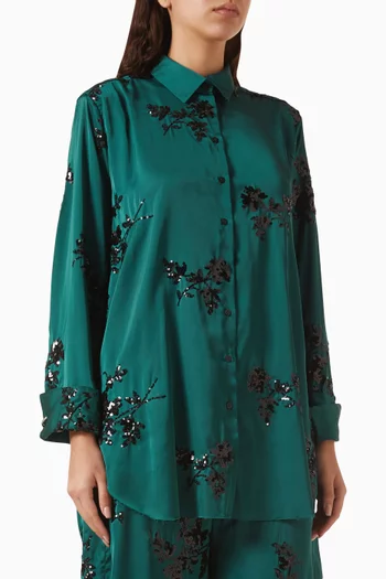 Embroidered Cuff-metal Shirt in Satin