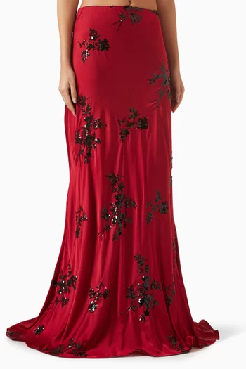 Embroidered Mermaid Bias Skirt in Satin