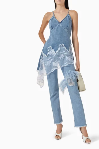 Asymmetrical Lace Strappy Top in Denim