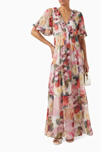 Floral-print Ruffe Dress in Organza