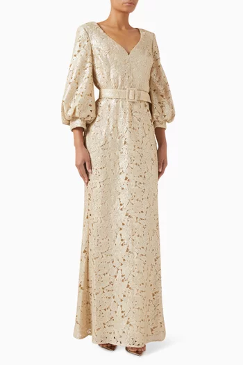 فستان سهرة بحزام وتطريز بزهور