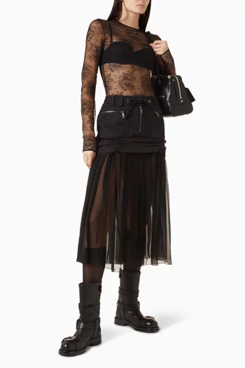 تنورة متوسطة الطول حرير تويل وشيفون