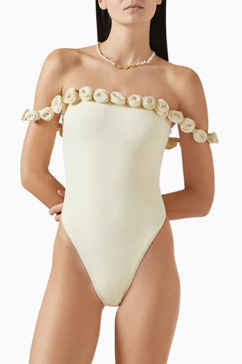 لباس سباحة قطعة واحدة بأكتاف مكشوفة وورود