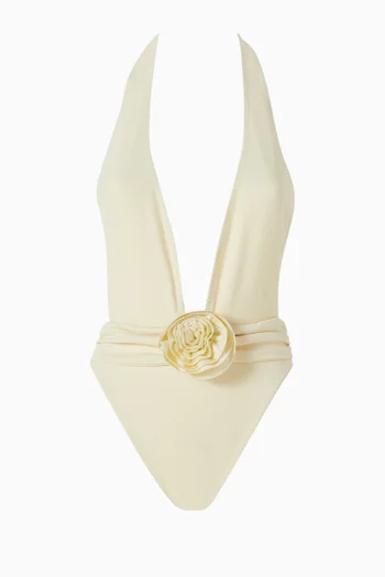 لباس سباحة قطعة واحدة بفتحة رقبة V مزينة بوردة