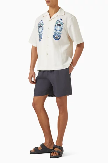 Shell Embroidered Camp Collar Shirt in Linen-blend