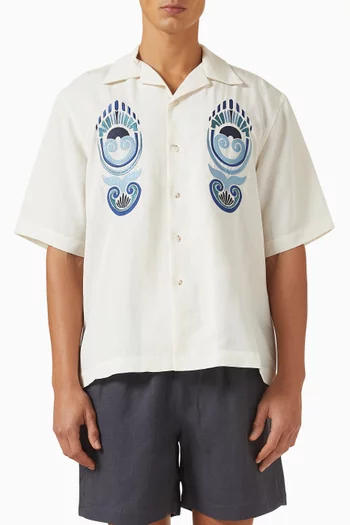 Shell Embroidered Camp Collar Shirt in Linen-blend