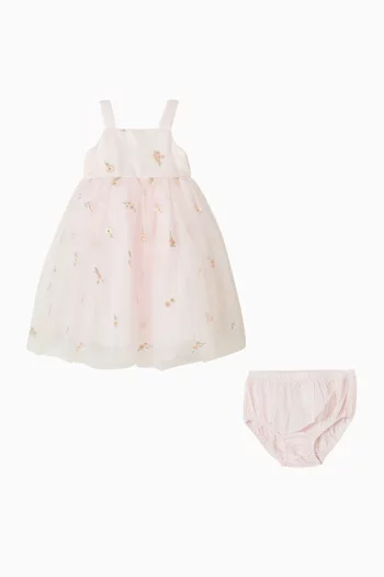 Floral-embroidered Bow Dress & Bloomers Set in Tulle