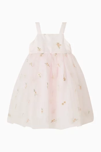 Floral-embroidered Bow Dress & Bloomers Set in Tulle