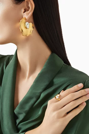 Pearl Lily Pad Earrings in Gold-tone Brass