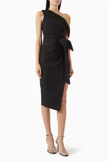 Honey One-shoulder Pleated Midi Dress in Crepe