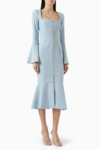 Serena Fluted-sleeves Midi Dress in Crepe