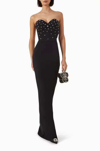 فستان طويل بلا حمالات مطرز بالكريستال جيرسيه